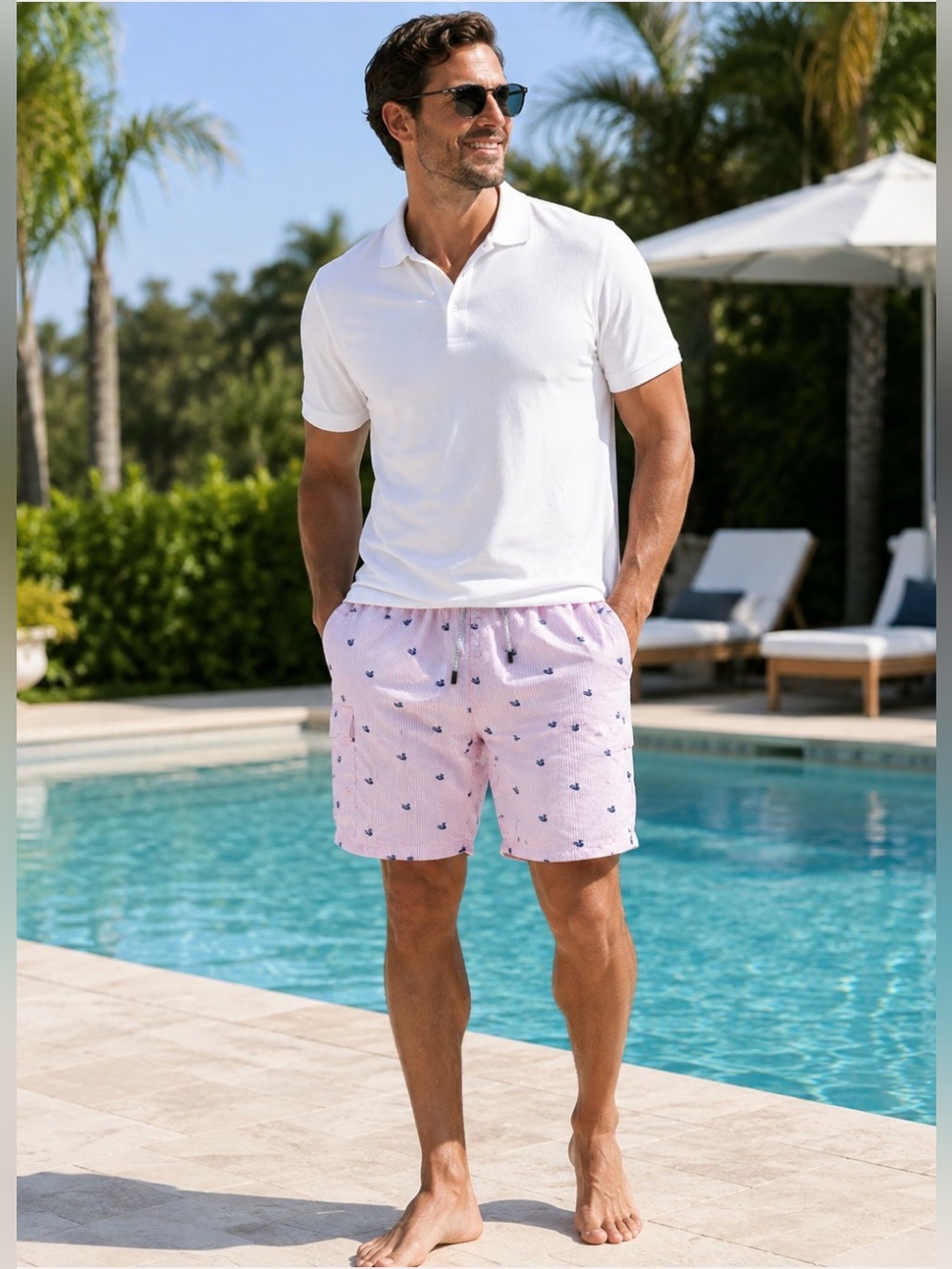 NWT Exist Swim Pink White Blue Swan Duck Resort Trunks Board Shorts Size XXL $50